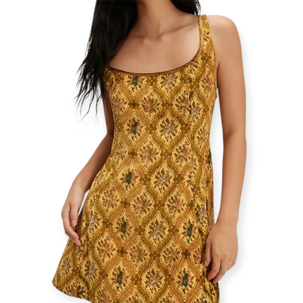Free People Petal Tapestry Mini Dress Velvet Bow Ochre Combo Size S NWT